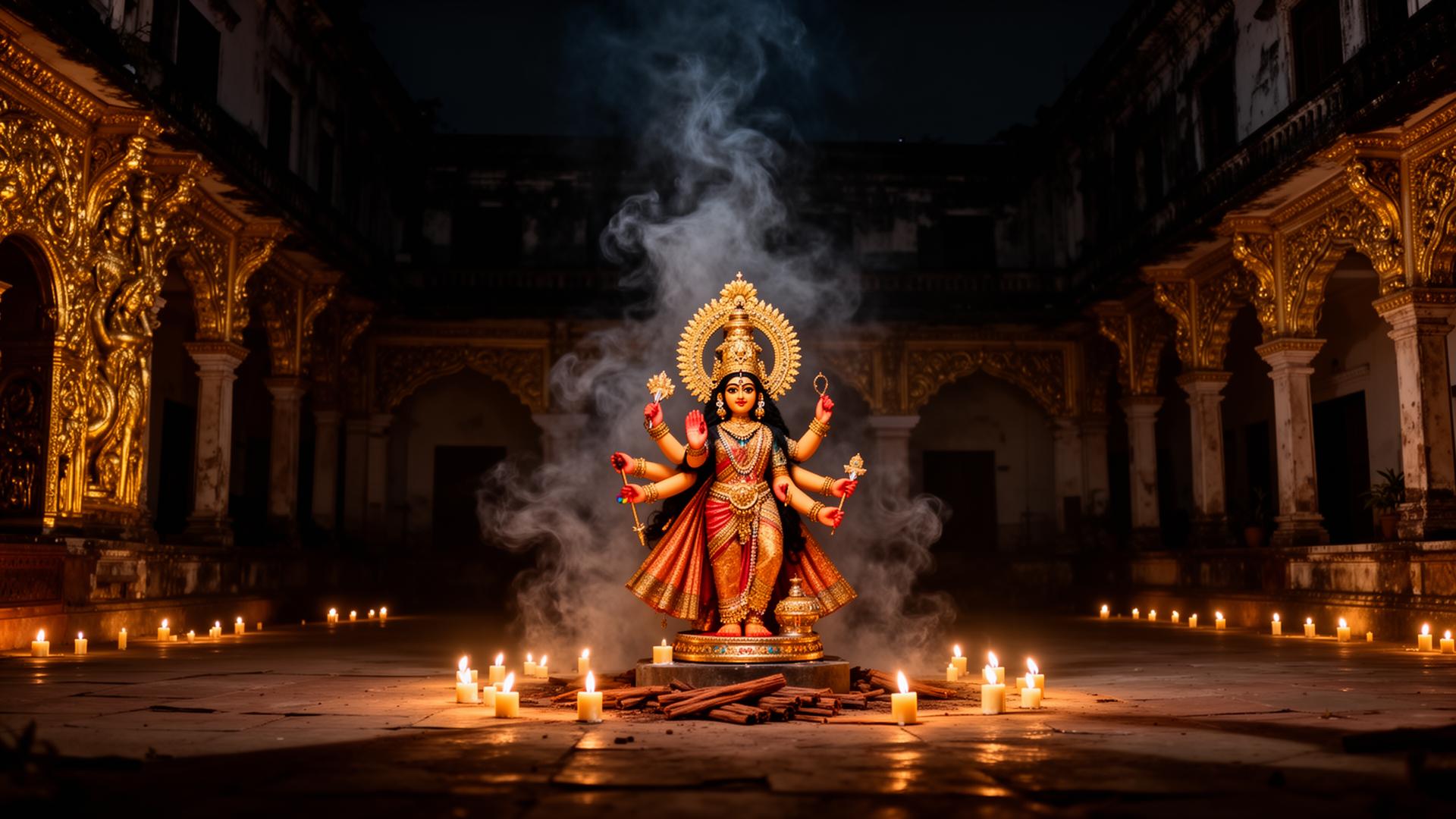 Durga idol in a candlelit Kolkata Rajbari courtyard